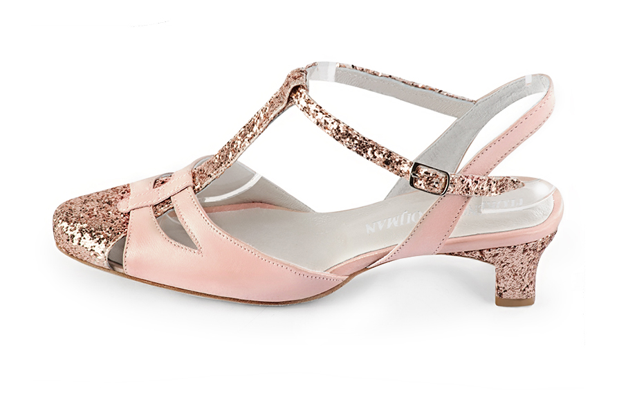 Copper gold and powder pink women's open back T-strap shoes. Round toe. Low kitten heels. Profile view - Florence KOOIJMAN